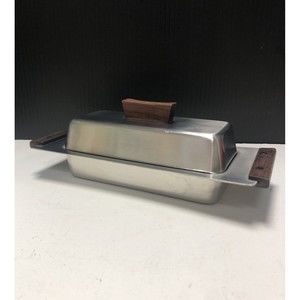 Vintage Stainless Steel Butter Dish With Lid & Glass Tray Teakwood Handles